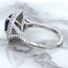 Load image into Gallery viewer, 3.31ct. Cushion GIA Certified Blue Sapphire Ring with Double Diamond Halo in 18K White Gold