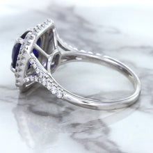 Load image into Gallery viewer, 3.31ct. Cushion GIA Certified Blue Sapphire Ring with Double Diamond Halo in 18K White Gold