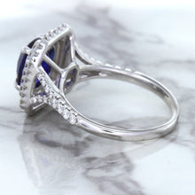 Load image into Gallery viewer, 3.31ct. Cushion GIA Certified Blue Sapphire Ring with Double Diamond Halo in 18K White Gold