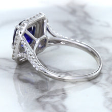 Load image into Gallery viewer, 3.31ct. Cushion GIA Certified Blue Sapphire Ring with Double Diamond Halo in 18K White Gold
