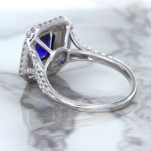 Load image into Gallery viewer, 3.31ct. Cushion GIA Certified Blue Sapphire Ring with Double Diamond Halo in 18K White Gold