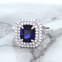 Load image into Gallery viewer, 3.31ct. Cushion GIA Certified Blue Sapphire Ring with Double Diamond Halo in 18K White Gold