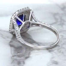 Load image into Gallery viewer, 3.31ct. Cushion GIA Certified Blue Sapphire Ring with Double Diamond Halo in 18K White Gold