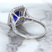 Load image into Gallery viewer, 3.31ct. Cushion GIA Certified Blue Sapphire Ring with Double Diamond Halo in 18K White Gold