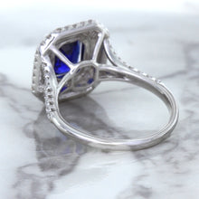 Load image into Gallery viewer, 3.31ct. Cushion GIA Certified Blue Sapphire Ring with Double Diamond Halo in 18K White Gold