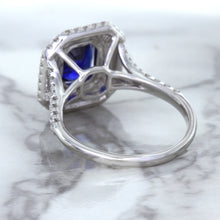 Load image into Gallery viewer, 3.31ct. Cushion GIA Certified Blue Sapphire Ring with Double Diamond Halo in 18K White Gold