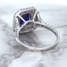 Load image into Gallery viewer, 3.31ct. Cushion GIA Certified Blue Sapphire Ring with Double Diamond Halo in 18K White Gold