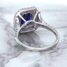 Load image into Gallery viewer, 3.31ct. Cushion GIA Certified Blue Sapphire Ring with Double Diamond Halo in 18K White Gold