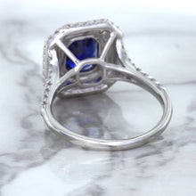Load image into Gallery viewer, 3.31ct. Cushion GIA Certified Blue Sapphire Ring with Double Diamond Halo in 18K White Gold
