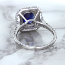 Load image into Gallery viewer, 3.31ct. Cushion GIA Certified Blue Sapphire Ring with Double Diamond Halo in 18K White Gold