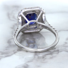 Load image into Gallery viewer, 3.31ct. Cushion GIA Certified Blue Sapphire Ring with Double Diamond Halo in 18K White Gold