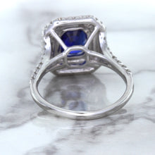 Load image into Gallery viewer, 3.31ct. Cushion GIA Certified Blue Sapphire Ring with Double Diamond Halo in 18K White Gold