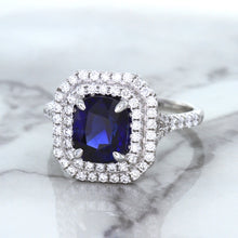 Load image into Gallery viewer, 3.31ct. Cushion GIA Certified Blue Sapphire Ring with Double Diamond Halo in 18K White Gold