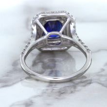 Load image into Gallery viewer, 3.31ct. Cushion GIA Certified Blue Sapphire Ring with Double Diamond Halo in 18K White Gold