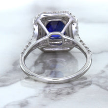 Load image into Gallery viewer, 3.31ct. Cushion GIA Certified Blue Sapphire Ring with Double Diamond Halo in 18K White Gold