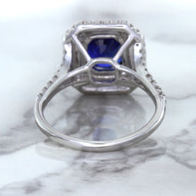 Load image into Gallery viewer, 3.31ct. Cushion GIA Certified Blue Sapphire Ring with Double Diamond Halo in 18K White Gold