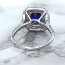 Load image into Gallery viewer, 3.31ct. Cushion GIA Certified Blue Sapphire Ring with Double Diamond Halo in 18K White Gold