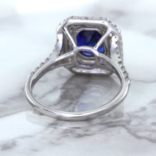 Load image into Gallery viewer, 3.31ct. Cushion GIA Certified Blue Sapphire Ring with Double Diamond Halo in 18K White Gold