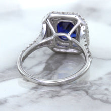 Load image into Gallery viewer, 3.31ct. Cushion GIA Certified Blue Sapphire Ring with Double Diamond Halo in 18K White Gold