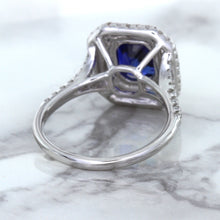 Load image into Gallery viewer, 3.31ct. Cushion GIA Certified Blue Sapphire Ring with Double Diamond Halo in 18K White Gold