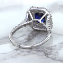 Load image into Gallery viewer, 3.31ct. Cushion GIA Certified Blue Sapphire Ring with Double Diamond Halo in 18K White Gold