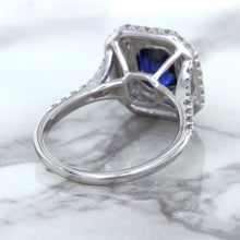 Load image into Gallery viewer, 3.31ct. Cushion GIA Certified Blue Sapphire Ring with Double Diamond Halo in 18K White Gold
