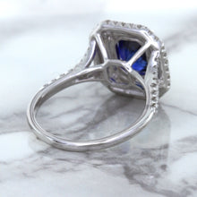 Load image into Gallery viewer, 3.31ct. Cushion GIA Certified Blue Sapphire Ring with Double Diamond Halo in 18K White Gold