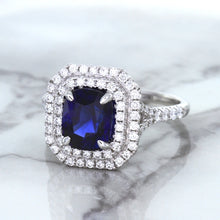 Load image into Gallery viewer, 3.31ct. Cushion GIA Certified Blue Sapphire Ring with Double Diamond Halo in 18K White Gold