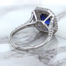 Load image into Gallery viewer, 3.31ct. Cushion GIA Certified Blue Sapphire Ring with Double Diamond Halo in 18K White Gold