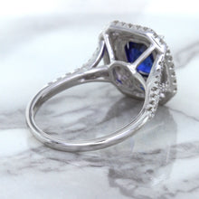 Load image into Gallery viewer, 3.31ct. Cushion GIA Certified Blue Sapphire Ring with Double Diamond Halo in 18K White Gold
