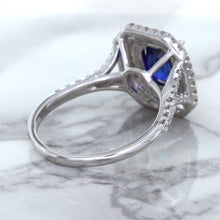 Load image into Gallery viewer, 3.31ct. Cushion GIA Certified Blue Sapphire Ring with Double Diamond Halo in 18K White Gold