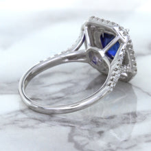 Load image into Gallery viewer, 3.31ct. Cushion GIA Certified Blue Sapphire Ring with Double Diamond Halo in 18K White Gold