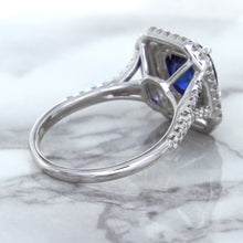 Load image into Gallery viewer, 3.31ct. Cushion GIA Certified Blue Sapphire Ring with Double Diamond Halo in 18K White Gold