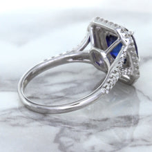 Load image into Gallery viewer, 3.31ct. Cushion GIA Certified Blue Sapphire Ring with Double Diamond Halo in 18K White Gold