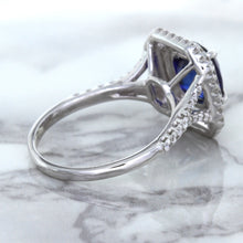 Load image into Gallery viewer, 3.31ct. Cushion GIA Certified Blue Sapphire Ring with Double Diamond Halo in 18K White Gold
