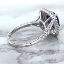 Load image into Gallery viewer, 3.31ct. Cushion GIA Certified Blue Sapphire Ring with Double Diamond Halo in 18K White Gold