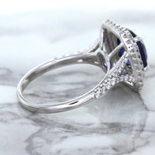 Load image into Gallery viewer, 3.31ct. Cushion GIA Certified Blue Sapphire Ring with Double Diamond Halo in 18K White Gold