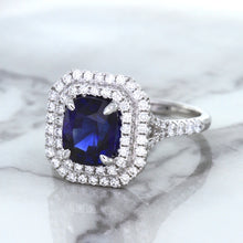 Load image into Gallery viewer, 3.31ct. Cushion GIA Certified Blue Sapphire Ring with Double Diamond Halo in 18K White Gold