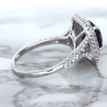 Load image into Gallery viewer, 3.31ct. Cushion GIA Certified Blue Sapphire Ring with Double Diamond Halo in 18K White Gold