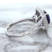 Load image into Gallery viewer, 3.31ct. Cushion GIA Certified Blue Sapphire Ring with Double Diamond Halo in 18K White Gold