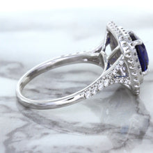 Load image into Gallery viewer, 3.31ct. Cushion GIA Certified Blue Sapphire Ring with Double Diamond Halo in 18K White Gold
