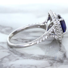 Load image into Gallery viewer, 3.31ct. Cushion GIA Certified Blue Sapphire Ring with Double Diamond Halo in 18K White Gold
