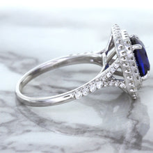 Load image into Gallery viewer, 3.31ct. Cushion GIA Certified Blue Sapphire Ring with Double Diamond Halo in 18K White Gold