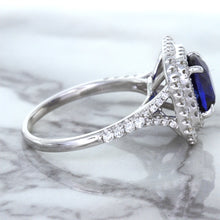 Load image into Gallery viewer, 3.31ct. Cushion GIA Certified Blue Sapphire Ring with Double Diamond Halo in 18K White Gold