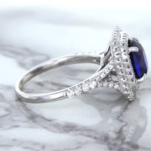 Load image into Gallery viewer, 3.31ct. Cushion GIA Certified Blue Sapphire Ring with Double Diamond Halo in 18K White Gold
