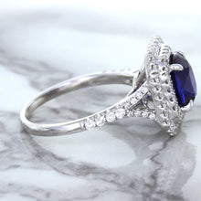 Load image into Gallery viewer, 3.31ct. Cushion GIA Certified Blue Sapphire Ring with Double Diamond Halo in 18K White Gold