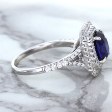 Load image into Gallery viewer, 3.31ct. Cushion GIA Certified Blue Sapphire Ring with Double Diamond Halo in 18K White Gold