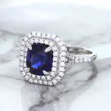 Load image into Gallery viewer, 3.31ct. Cushion GIA Certified Blue Sapphire Ring with Double Diamond Halo in 18K White Gold