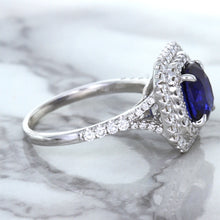 Load image into Gallery viewer, 3.31ct. Cushion GIA Certified Blue Sapphire Ring with Double Diamond Halo in 18K White Gold