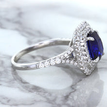 Load image into Gallery viewer, 3.31ct. Cushion GIA Certified Blue Sapphire Ring with Double Diamond Halo in 18K White Gold